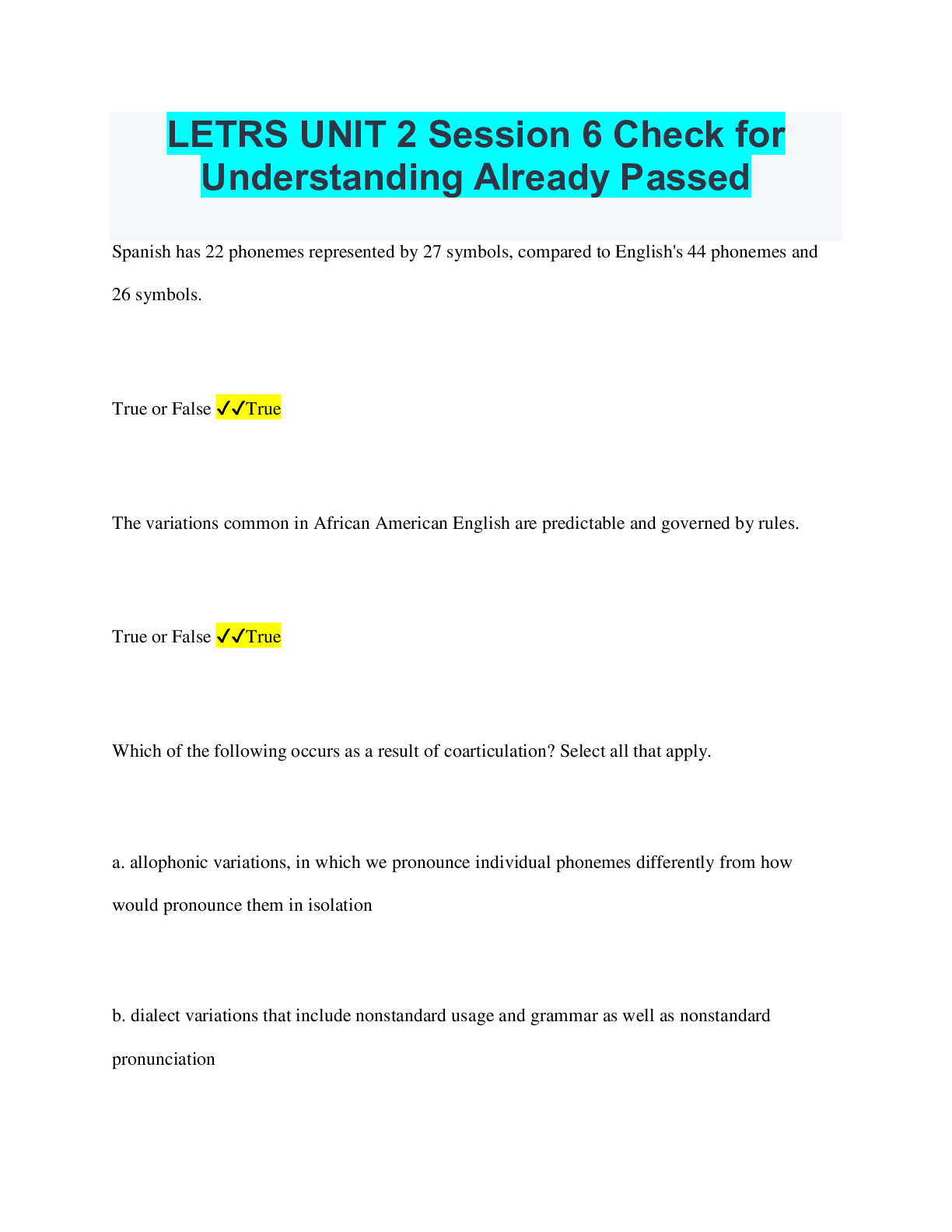 LETRS Session 1 Checking for Understanding A Foundation for
